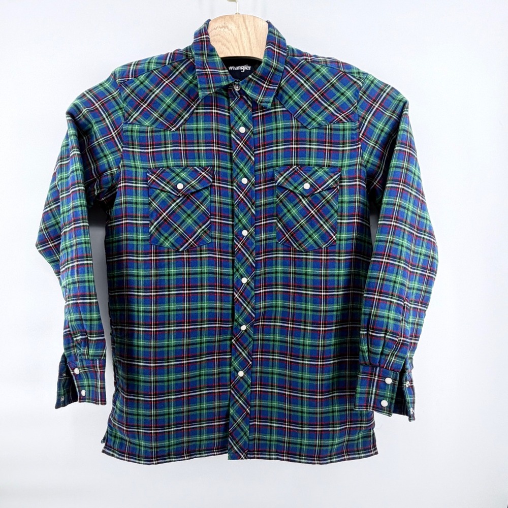Wrangler Shirt Jacket Mens Medium Green Blue Plaid Quilted Lined Western Snap